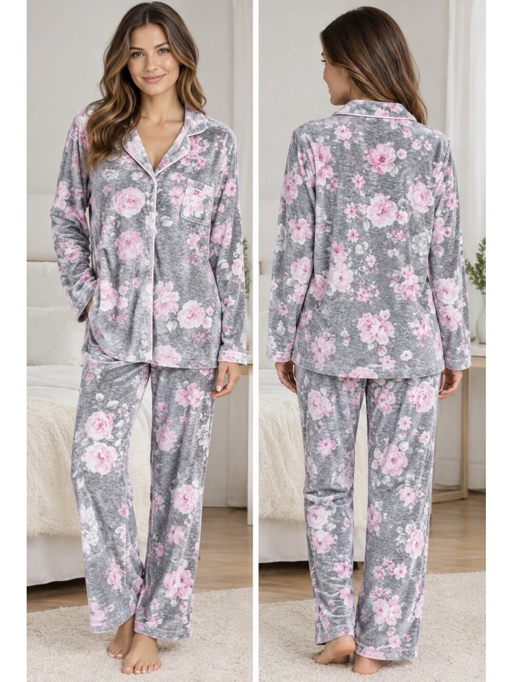 Laura Ashley Women's Gray Pink Floral Velvet Pajama Top & Pants Set 2pc
